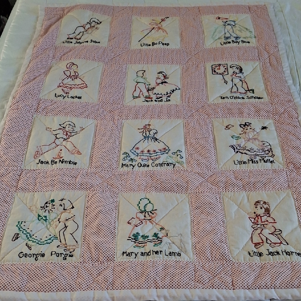 Nursery Rhyme Vintage Handmade Embroidered Quilt